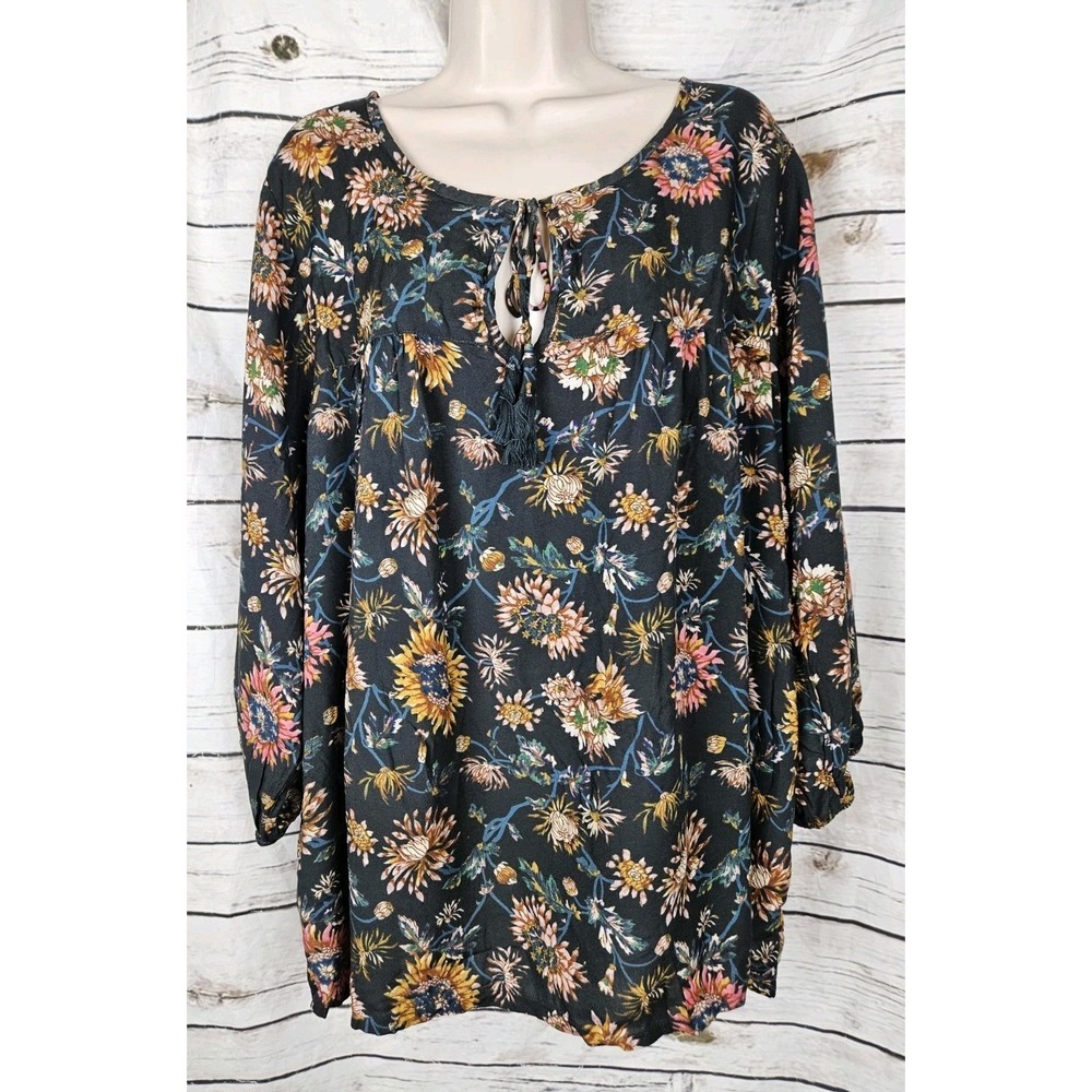 Natural Life Floral Peasant Top XXL NEW 100% Rayon Blouse 3/4 Sleeves Ties